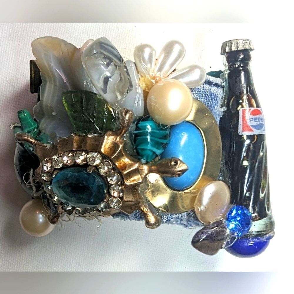Wendy Gell denim wristy, Pepsi bottle,malachite turtle and vintage turtle jewels